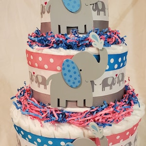 Elephant Diaper Cake ~ Gender Reveal Pink & Blue Theme ~ Baby Shower Centerpiece ~  3 Tier Diaper Cake Gift