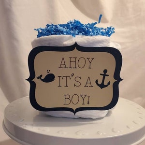 Ahoy It&#39;s a Boy Diaper Cake ~ Blue Nautical Theme ~ Baby Shower Centerpiece ~ Mini Diaper Cake Gift