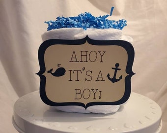 Ahoy It's a Boy Diaper Cake ~ Blue Nautical Theme ~ Baby Shower Centerpiece ~ Mini Diaper Cake Gift