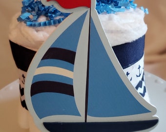 Sailboat Diaper Cake ~ Blue Nautical Sailing Theme ~ Baby Shower Centerpiece ~ Mini Diaper Cake Gift