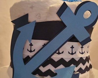 Anchor Mini Diaper Cake ~ Blue Nautical Theme ~ Baby Shower Centerpiece Gift