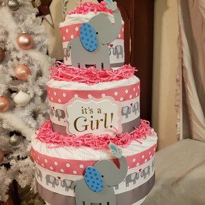 Elephant Diaper Cake ~ Pink It&#39;s a Girl Theme ~ Baby Shower Centerpiece ~ 3 Tier Diaper Cake Gift