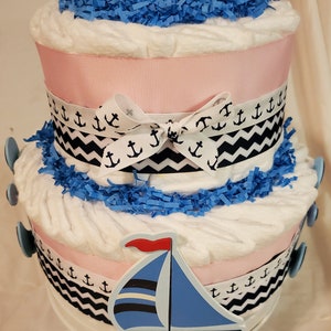 Sailboat Diaper Cake Sailboat ~ Pink Nautical Theme ~ Baby Shower Centerpiece ~ 2 Tier Diaper Cake Gift