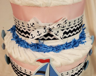 Sailboat Diaper Cake Sailboat ~ Pink Nautical Theme ~ Baby Shower Centerpiece ~ 2 Tier Diaper Cake Gift