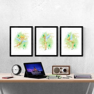 Disney Tinkerbell Splash Watercolor Set Of 3 Prints I Disney Prints I Disney l Bedroom I Disney Wall Art I Kids Bedroom