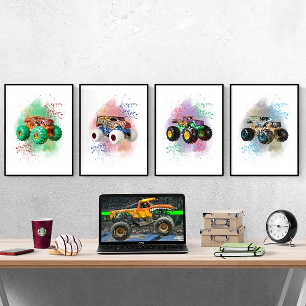Monster Trucks Splash Watercolour Set Of 4 Prints I Monster Truck Prints I Kids Prints I Kids Bedroom