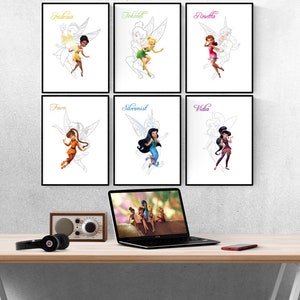 Disney Tinkerbell Fairies Drawing Set Of 6 Prints I Disney Prints I Disney Bedroom I Disney Prints I Kids Bedroom