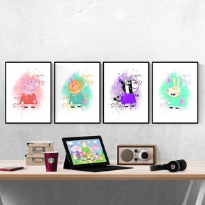 Peppa Pig & Friends Splash Watercolor Set Of 4 Prints I Peppa Pig Prints I Kids Prints I Kids Bedroom