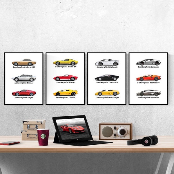 Supercar Lamborghini Compilation Set Of 4 Prints I Ferrari I Supercar I Car Prints I Office Prints I Kids Bedroom