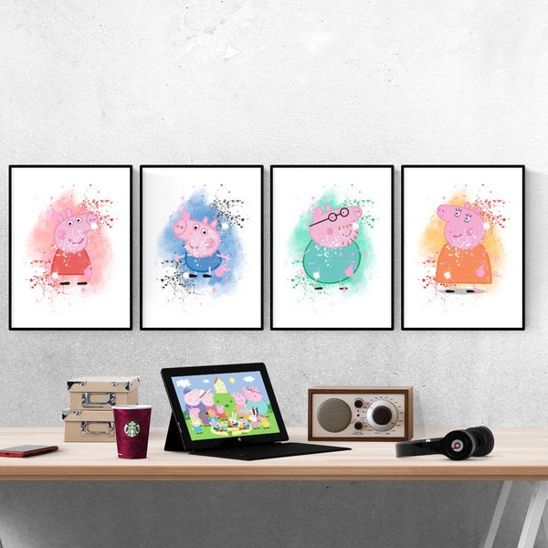 Peppa Pig Family Splash Watercolor Set Of 4 Prints I Peppa Pig Prints I Kids Prints I Kids Bedroom