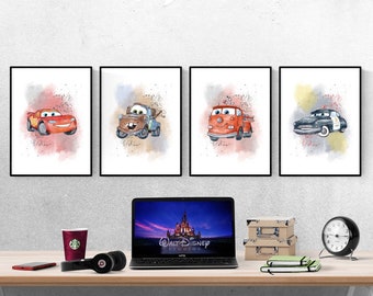 Disney pixar carros aquarela conjunto de 4 estampas i estampas da disney i quarto da disney i estampas da disney i quarto infantil i berçário