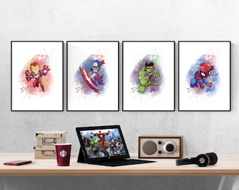 Conjunto de 4 pôsteres em aquarela dos Vingadores | Pôsteres da Marvel | Quarto da Marvel | Pôsteres da Disney | Quarto Infantil
