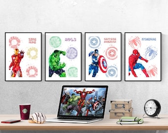 Conjunto aquarela de Vingadores com 4 estampas I Marvel Prints I Marvel Bedroom I Disney Prints I Kids Bedroom