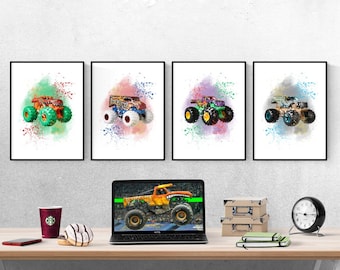 May include: Four framed watercolor prints of monster trucks with colorful backgrounds. The prints are hanging on a white wall above a desk with a laptop, a coffee cup, a donut, and a clock.