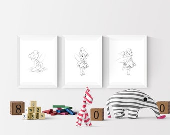 Disney Tinkerbell Drawing Sketch Set Of 3 Prints I Disney Prints I Disney Bedroom I Disney Prints I Kids Bedroom