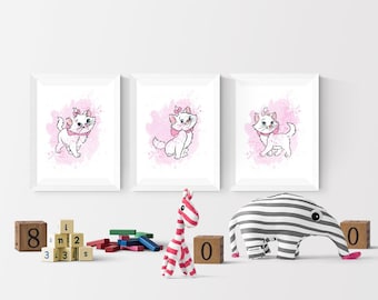 Disney Marie Splash Watercolor Set Of 3 Prints I Disney Prints I Disney l Bedroom I Disney Wall Art I Kids Bedroom