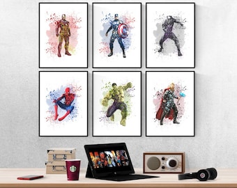 Conjunto de 6 estampas aquarela de super-heróis Vingadores do Universo Marvel, estampas da Marvel, quarto da Marvel, estampas da Disney, quarto infantil