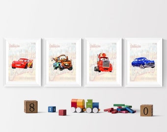 Disney Cars Watercolor Set Of 4 Prints I Disney Prints I Disney l Bedroom I Disney Wall Art I Kids Bedroom