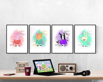 Peppa Pig & Friends Splash Watercolor Set Of 4 Prints I Peppa Pig Prints I Kids Prints I Kids Bedroom