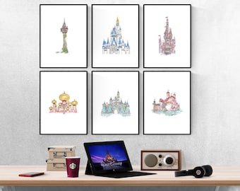 Disney World Princess Castle Watercolour  Mix & Match Set Of 6 Prints I Disney Prints I Disney Bedroom I Kids Bedroom I Nursery