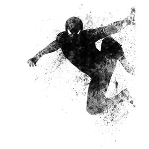 May include: Black and white watercolor illustration of a superhero in a black suit with a spider web design. The superhero is in mid-air, with one leg extended and one arm outstretched.