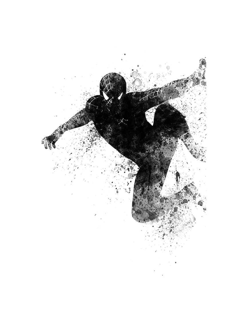 May include: Black and white watercolor illustration of a superhero in a black suit with a spider web design. The superhero is in mid-air, with one leg extended and one arm outstretched.