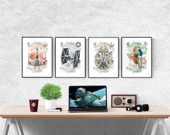 Conjunto de 4 estampas em aquarela de Star Wars Ships I Estampas de Star Wars I Quarto de Star Wars I Estampas da Disney I Quarto Infantil