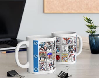 Caneca com colagem de quadrinhos do Capitão América | Caneca de cerâmica | Caneca de super-herói | Caneca da Marvel