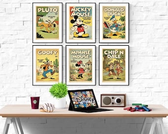Conjunto de 6 pôsteres com personagens da Disney em estilo vintage para combinar | Quarto Disney | Disney | Pôsteres Disney | Quarto Infantil