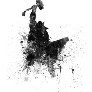 May include: Black and white watercolor painting of a superhero holding a hammer. The painting has a splattered effect.