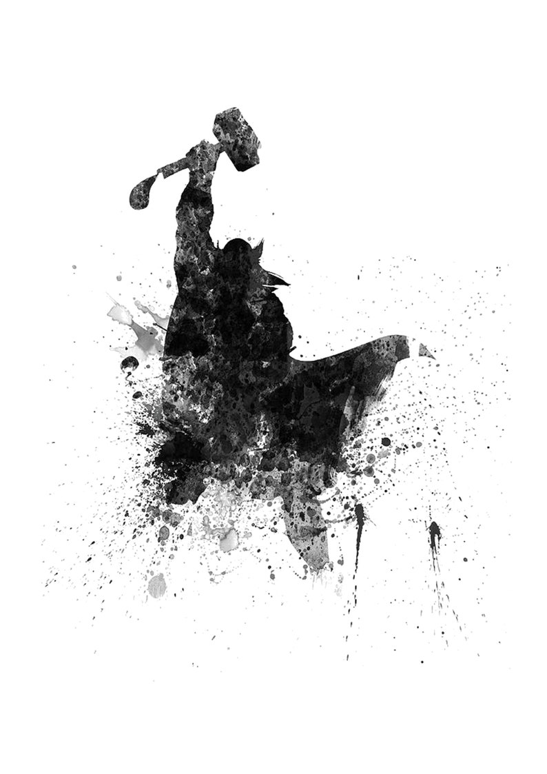 May include: Black and white watercolor painting of a superhero holding a hammer. The painting has a splattered effect.