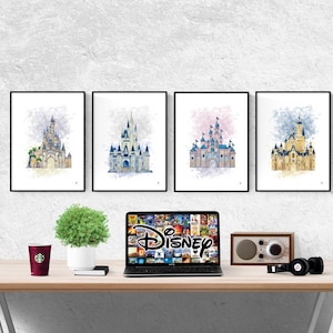 Disney Castle Pastel Watercolour Set Of 4 Prints I Disney Prints I Disney l Bedroom I Disney Wall Art I Kids Bedroom