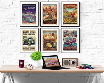 Conjunto de 6 pôsteres Disney Cars Radiator Springs para combinar | Pôsteres Disney | Quarto Disney | Arte de parede Disney | Quarto infantil