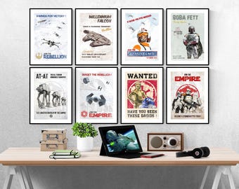 May include: A set of eight vintage-style Star Wars posters featuring iconic characters and vehicles. The posters are printed on white paper with red, blue, and black text. The posters are framed in black frames and are displayed on a white wall.