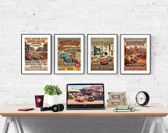 Disney Cars Piston Cup Vintage Style Set Of 4 Prints I Disney Prints I Disney Bedroom I Disney Prints I Kids Bedroom I Nursery