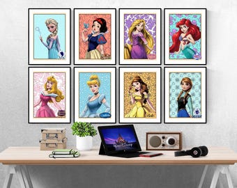 Conjunto de 8 pôsteres estilo quadrinhos das Princesas da Disney | Pôsteres da Disney | Quarto da Disney | Pôsteres da Disney | Quarto Infantil | Quarto de Bebê