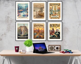 Conjunto de 6 pôsteres com locais de filmes da Disney Pixar para combinar | Pôsteres Disney | Quarto infantil Disney | Decoração de parede Disney | Quarto infantil