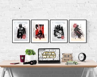 May include: Four black framed prints with white backgrounds and black and red ink illustrations of Darth Vader from Star Wars. The prints are hanging on a white brick wall above a laptop computer with a Star Wars logo on the screen.