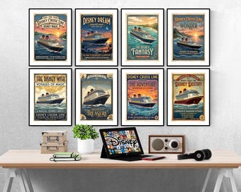 Conjunto de 8 pôsteres Disney Cruise Line em estilo vintage para combinar | Pôsteres Disney | Quarto infantil | Quarto de bebê