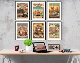 Conjunto Disney Cars Radiator Springs 2 - Conjunto de 6 pôsteres para combinar | Pôsteres Disney | Quarto Disney | Arte de parede Disney | Quarto infantil