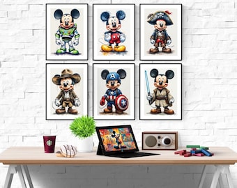 Conjunto de 6 gravuras em aquarela do Mickey Mouse da Disney para combinar | Gravuras da Disney | Quarto da Disney | Gravuras da Disney | Quarto Infantil