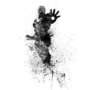 May include: Black and white watercolor painting of a superhero in a dynamic pose. The figure is surrounded by splatters of paint, creating a dramatic and abstract effect.