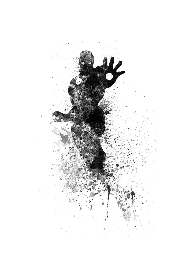 May include: Black and white watercolor painting of a superhero in a dynamic pose. The figure is surrounded by splatters of paint, creating a dramatic and abstract effect.