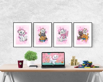 Conjunto de 4 impressões em aquarela Disney Aristocats I Impressões Disney I Quarto Disney I Arte de parede Disney I Quarto infantil