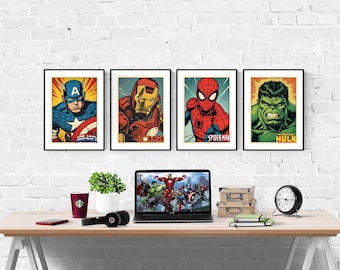 Conjunto de 4 pôsteres estilo quadrinhos dos Vingadores | Pôsteres da Marvel | Quarto da Marvel | Pôsteres da Disney | Quarto Infantil