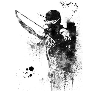 May include: Black and white watercolor illustration of a person with a bow and arrow. The person is wearing a mask and is in a shooting stance. The background is a splatter of black and white paint.