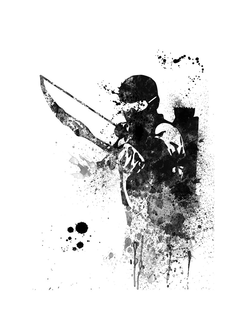 May include: Black and white watercolor illustration of a person with a bow and arrow. The person is wearing a mask and is in a shooting stance. The background is a splatter of black and white paint.
