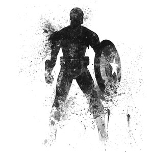 May include: Black and white watercolor illustration of Captain America standing with his shield. The image has a splattered paint effect.
