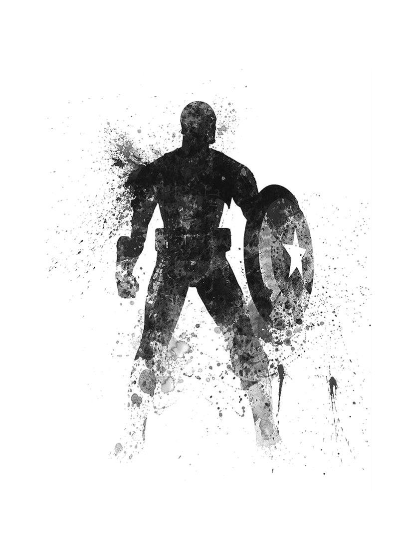 May include: Black and white watercolor illustration of Captain America standing with his shield. The image has a splattered paint effect.