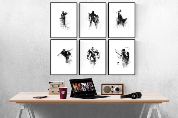 Marvel Avengers Superhero Silhouette Watercolour Set Of 6 Prints I Marvel Prints I Marvel Bedroom I Disney Prints I Kids Bedroom